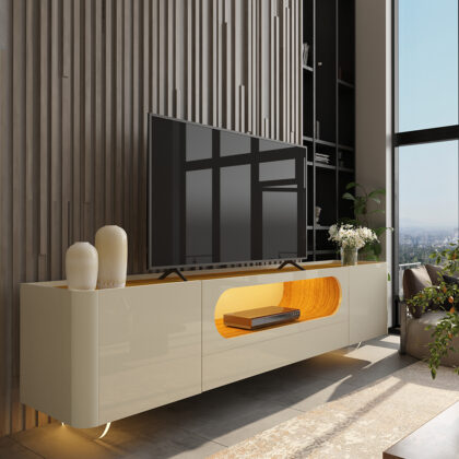 Rack Nobre 210 com LED e Pes Vidro Off White.Naturale Gelius